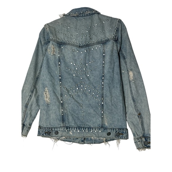 BLANKNYC Denim Jacket Womens XS Blue Studded Pearl Distressed Star Oversized - Picture 3 of 10